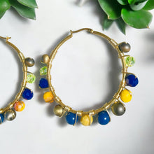 Load image into Gallery viewer, YADIRA- Blue and Yellow Gold Multi-colored Beaded Wire-wrapped Hoop Earrings
