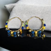 Load image into Gallery viewer, YADIRA- Blue and Yellow Gold Multi-colored Beaded Wire-wrapped Hoop Earrings
