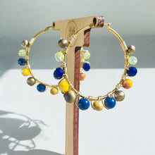 Load image into Gallery viewer, YADIRA- Blue and Yellow Gold Multi-colored Beaded Wire-wrapped Hoop Earrings
