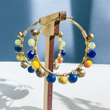 Load image into Gallery viewer, YADIRA- Blue and Yellow Gold Multi-colored Beaded Wire-wrapped Hoop Earrings
