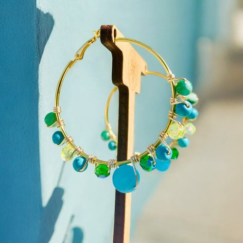 Turquoise and Green Hoop Earrings, Blue Earrings