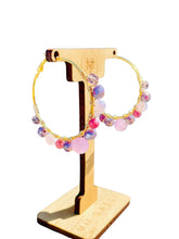 Load image into Gallery viewer, ROCHELLE- Pink and Purple Multi-colored Beaded Wire-wrapped Hoop Earrings
