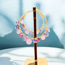 Load image into Gallery viewer, ROCHELLE- Pink and Purple Multi-colored Beaded Wire-wrapped Hoop Earrings
