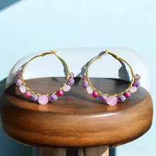 Load image into Gallery viewer, ROCHELLE- Pink and Purple Multi-colored Beaded Wire-wrapped Hoop Earrings
