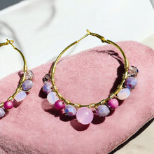 Load image into Gallery viewer, ROCHELLE- Pink and Purple Multi-colored Beaded Wire-wrapped Hoop Earrings
