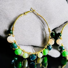 Load image into Gallery viewer, KAMINA- Green and Gold Multi-colored Beaded Wire-wrapped Hoop Earrings
