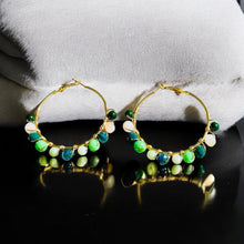 Load image into Gallery viewer, KAMINA- Green and Gold Multi-colored Beaded Wire-wrapped Hoop Earrings
