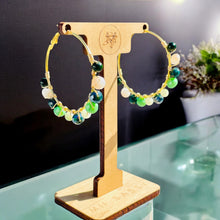 Load image into Gallery viewer, KAMINA- Green and Gold Multi-colored Beaded Wire-wrapped Hoop Earrings
