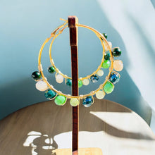 Load image into Gallery viewer, KAMINA- Green and Gold Multi-colored Beaded Wire-wrapped Hoop Earrings
