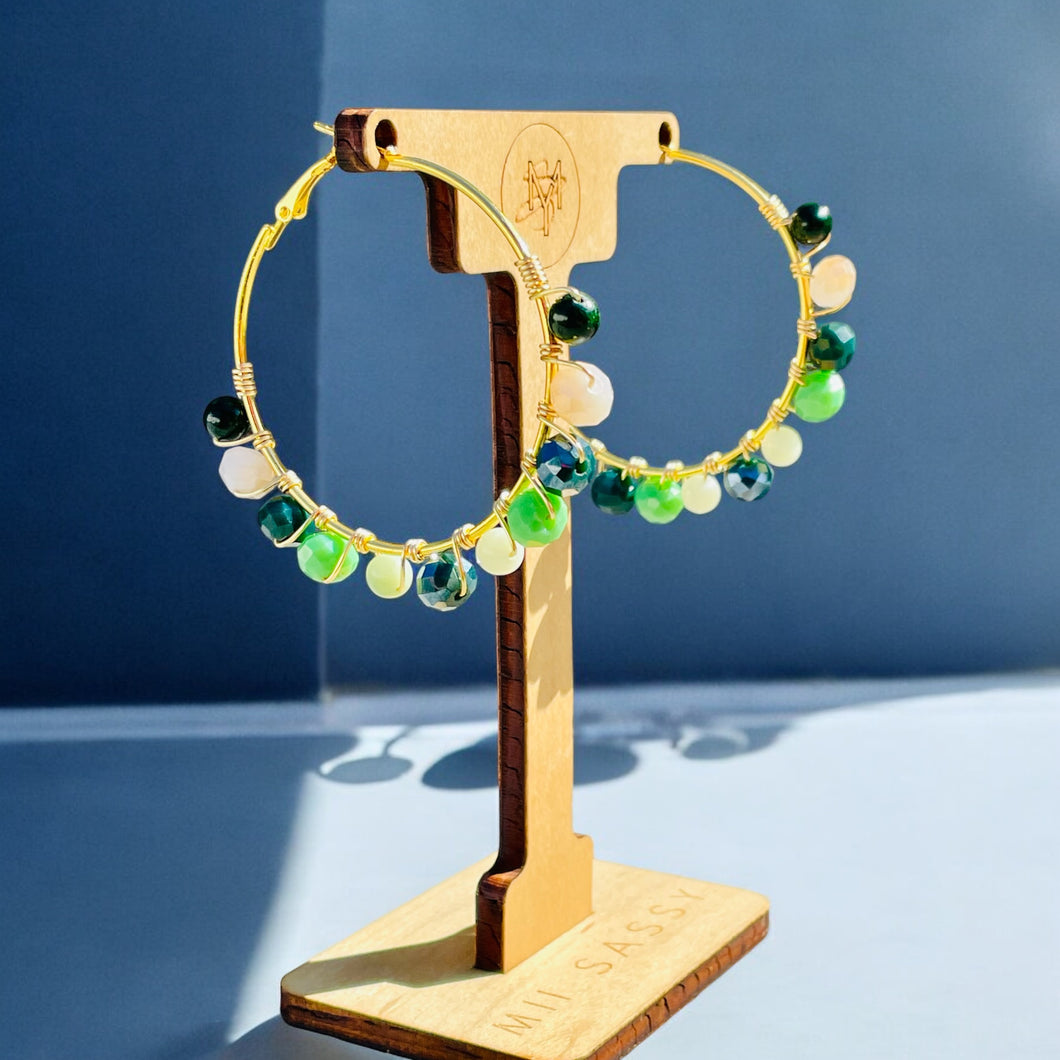 Green and Gold Beaded Hoops