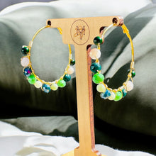 Load image into Gallery viewer, KAMINA- Green and Gold Multi-colored Beaded Wire-wrapped Hoop Earrings
