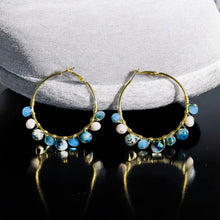 Load image into Gallery viewer, GELINDA- Blue and Gold Multi-colored Beaded Wire-wrapped Hoop Earrings
