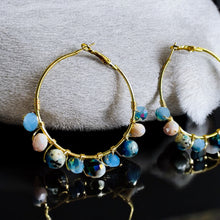 Load image into Gallery viewer, GELINDA- Blue and Gold Multi-colored Beaded Wire-wrapped Hoop Earrings
