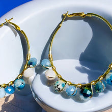 Load image into Gallery viewer, GELINDA- Blue and Gold Multi-colored Beaded Wire-wrapped Hoop Earrings
