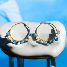 Load image into Gallery viewer, GELINDA- Blue and Gold Multi-colored Beaded Wire-wrapped Hoop Earrings
