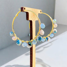 Load image into Gallery viewer, GELINDA- Blue and Gold Multi-colored Beaded Wire-wrapped Hoop Earrings
