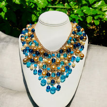 Load image into Gallery viewer, REIHEL- Blue and Gold Beaded Statement Bib Necklace
