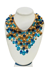 Load image into Gallery viewer, REIHEL- Blue and Gold Beaded Statement Bib Necklace
