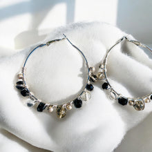 Load image into Gallery viewer, MARLENE- Black and Silver Multi-colored Beaded Wire-wrapped Hoop Earrings
