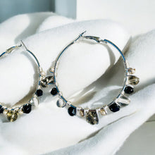 Load image into Gallery viewer, MARLENE- Black and Silver Multi-colored Beaded Wire-wrapped Hoop Earrings
