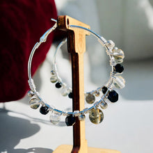 Load image into Gallery viewer, MARLENE- Black and Silver Multi-colored Beaded Wire-wrapped Hoop Earrings
