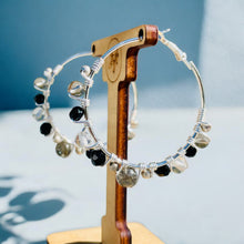 Load image into Gallery viewer, MARLENE- Black and Silver Multi-colored Beaded Wire-wrapped Hoop Earrings
