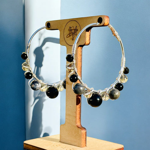 Black and Silver Hoops, Hoop Earrings