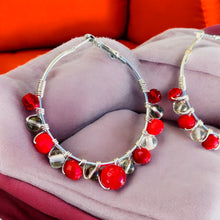 Load image into Gallery viewer, NIKOLA- Red and Silver Multi-colored Beaded Wire-wrapped Hoop Earrings
