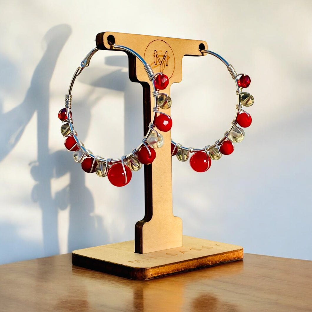 Red and Silver Hoop Earrings, Red Hoop Earrings