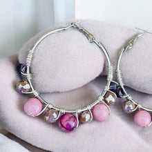 Load image into Gallery viewer, RITI- Pink and Purple Multi-colored Beaded Wire-wrapped Hoop Earrings
