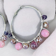 Load image into Gallery viewer, RITI- Pink and Purple Multi-colored Beaded Wire-wrapped Hoop Earrings
