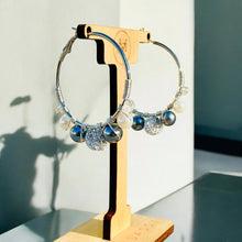 Load image into Gallery viewer, PEBBLES- Gray and Silver Multi-colored Beaded Wire-wrapped Hoop Earrings
