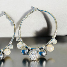 Load image into Gallery viewer, PEBBLES- Gray and Silver Multi-colored Beaded Wire-wrapped Hoop Earrings
