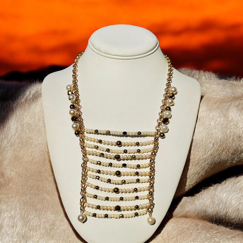 White and Gold Bib like Beaded Necklace