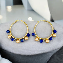 Load image into Gallery viewer, CARINA- Navy Blue and Gold Beaded Wire-wrapped Hoop Earrings
