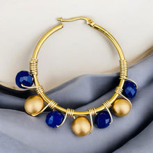 Load image into Gallery viewer, CARINA- Navy Blue and Gold Beaded Wire-wrapped Hoop Earrings
