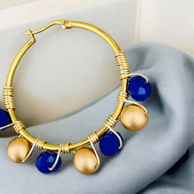 Load image into Gallery viewer, CARINA- Navy Blue and Gold Beaded Wire-wrapped Hoop Earrings
