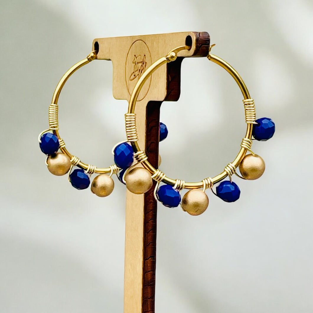 Blue Beaded Hoops, Wire wrapped Hoop Earrings