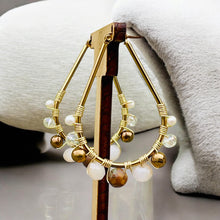 Load image into Gallery viewer, Brown and Gold Hoop Earrings, Pearl Beaded Earrings, Hoop Earrings, Wire Wrapped Hoops
