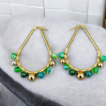 Load image into Gallery viewer, GRACE-LYN- Green and Gold Wire Wrapped Beaded Hoop Earrings
