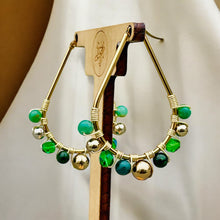 Load image into Gallery viewer, Green and Gold Hoop Earrings, Green Beaded Earrings, Hoop Earrings
