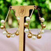 Load image into Gallery viewer, DANIELLE- White Pearl and Gold Wire Wrapped Beaded Hoop Earrings
