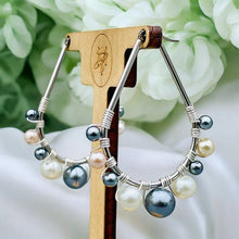 Load image into Gallery viewer, Gray and Pearl Hoop Earrings, Pearl Beaded Earrings, Hoop Earrings, Wire Wrapped Hoops
