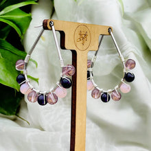 Load image into Gallery viewer, Purple and Pink Hoop Earrings, Pearl Beaded Earrings, Hoop Earrings, Wire Wrapped Hoops
