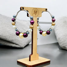 Load image into Gallery viewer, INGRID- Magenta and Gray Multi-colored Beaded Wire-wrapped Hoop Earrings
