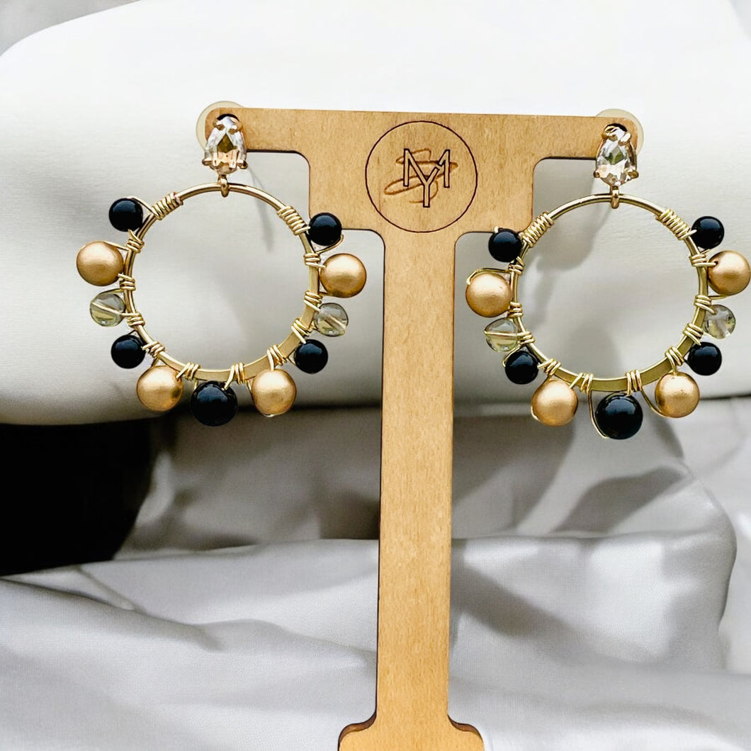 Black and Gold Drop Earrings, Wire wrapped Hoop Earrings