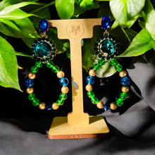 Load image into Gallery viewer, Green, Blue and Gold Earrings, Beaded Tear Drop Earrings, Gift for Her
