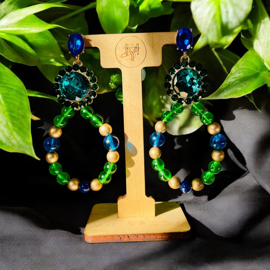 Green, Blue and Gold Earrings, Beaded Tear Drop Earrings, Gift for Her