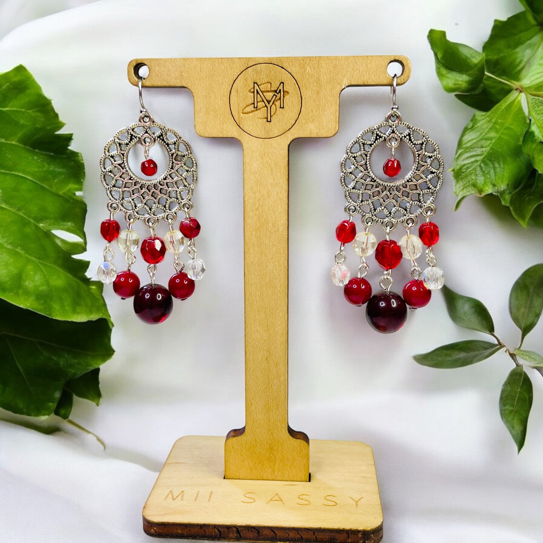 Red and Gray Earrings, Chandelier Earrings