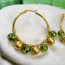 Load image into Gallery viewer, BRYNLEE- Green and Gold Beaded Wire-wrapped Hoop Earrings
